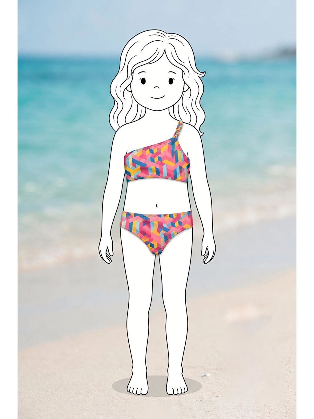 Turuncu Kız Çocuk Asimetrik Örgü Askılı Renkli Bikini-1