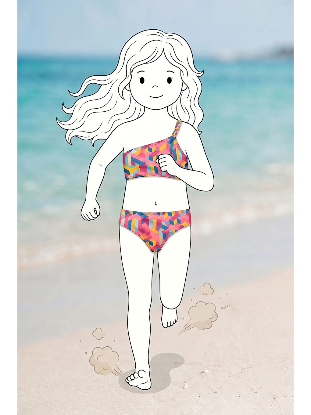 Turuncu Kız Çocuk Asimetrik Örgü Askılı Renkli Bikini-2