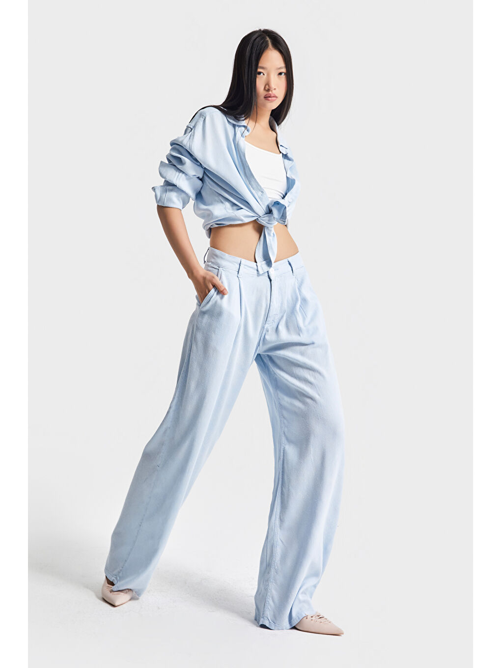 Kadın Bebe Mavisi Renk 6s5-103 Süper Palazzo Fit Organik Keten Kumaş Pantolon-5