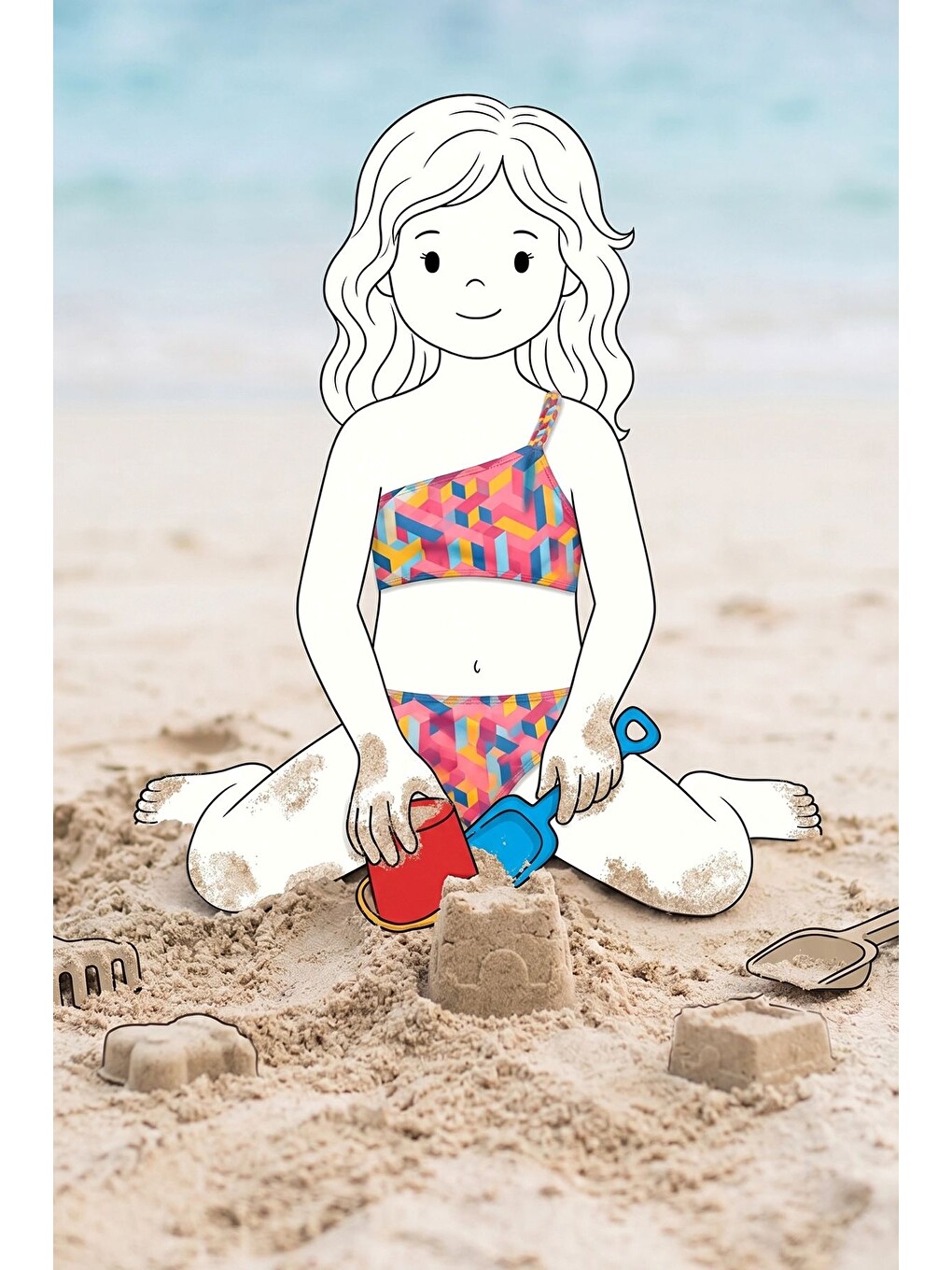 Turuncu Kız Çocuk Asimetrik Örgü Askılı Renkli Bikini-4