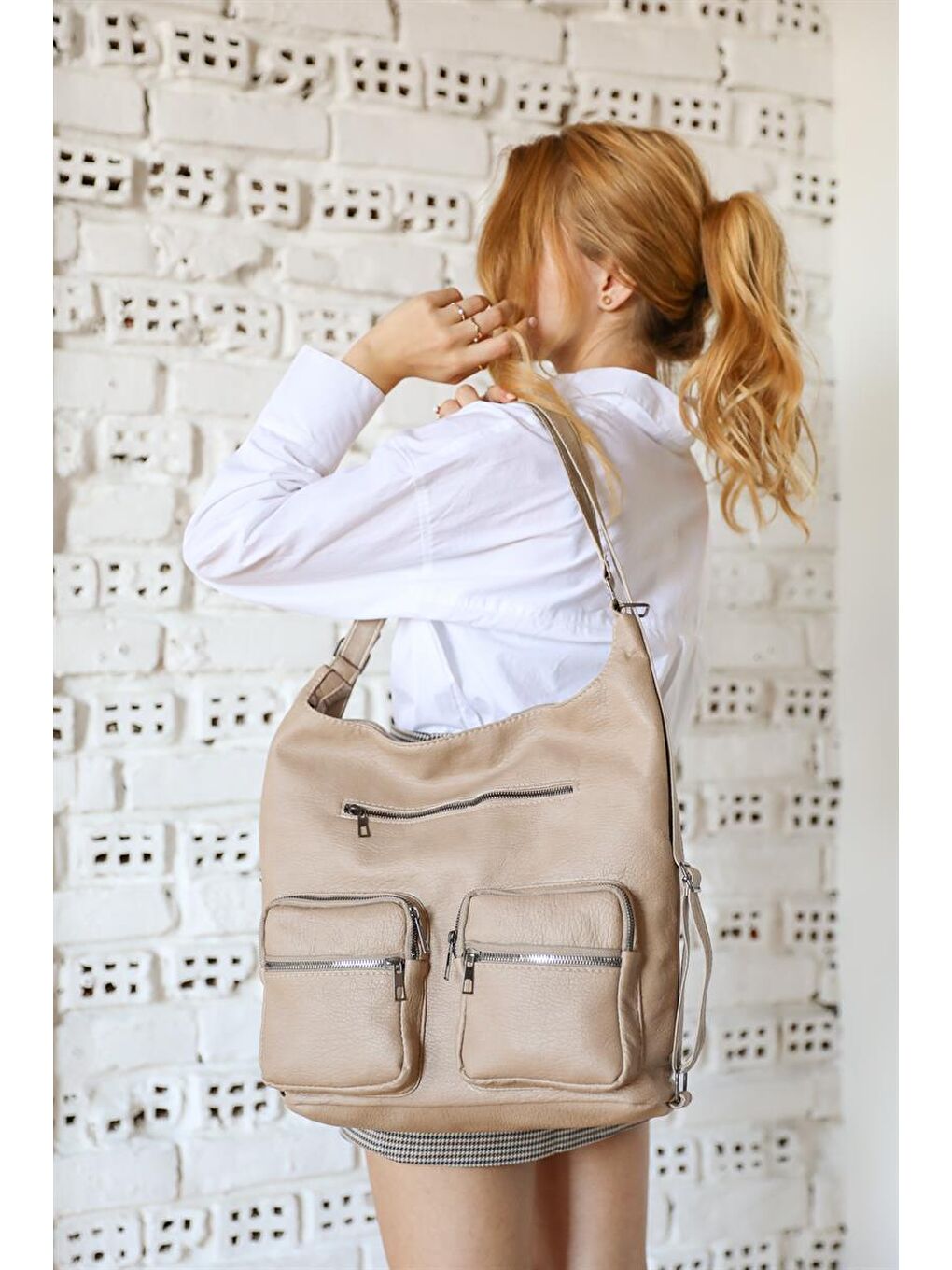 Bej Önü Cepli Çok Bölmeli Omuz Ve Sırt Çantası Vizon-4