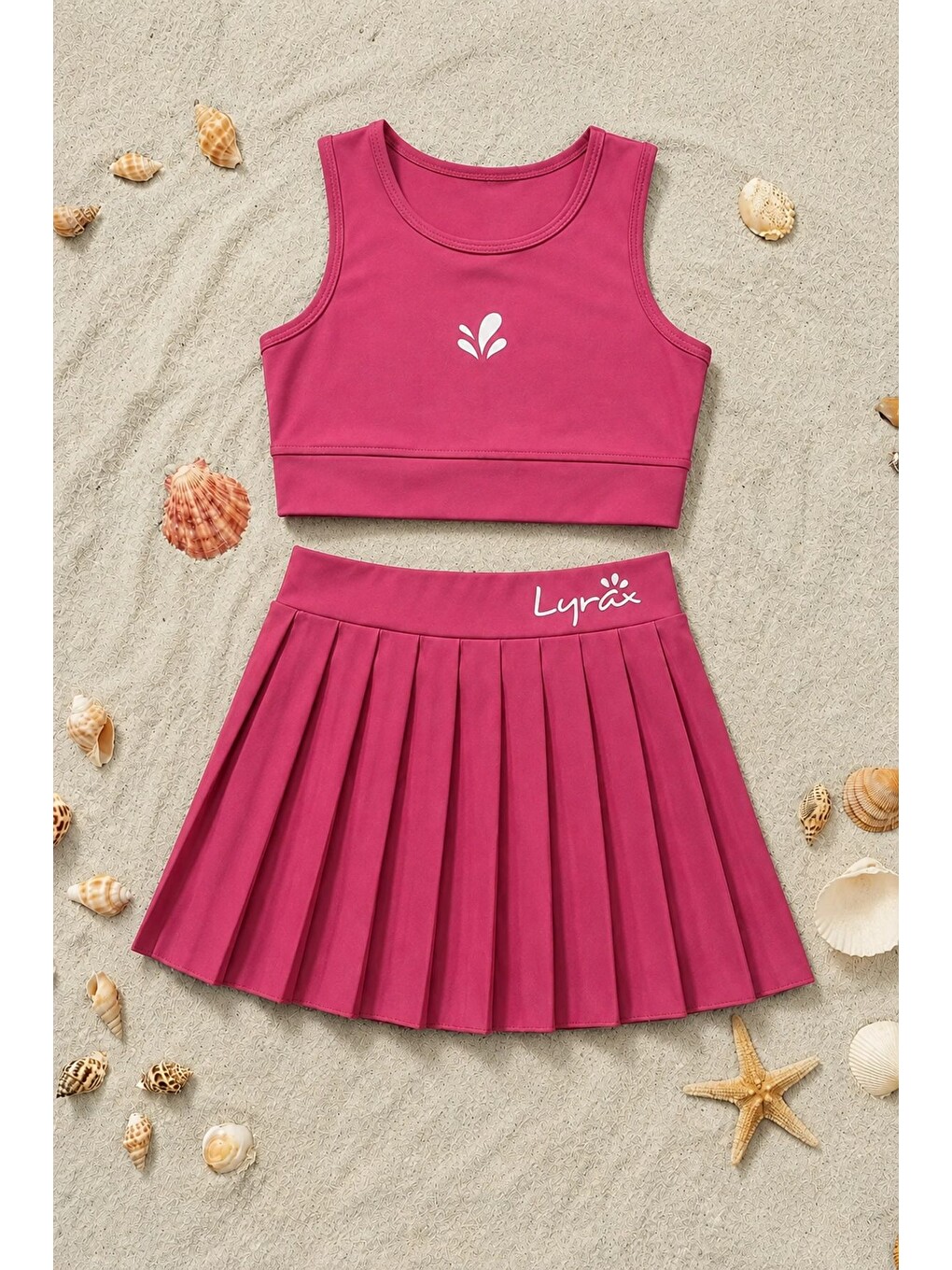 Pembe Kız Çocuk Sportif Gül Kurusu Pileli Crop - Şort Etek Alt - Üst Takım-4