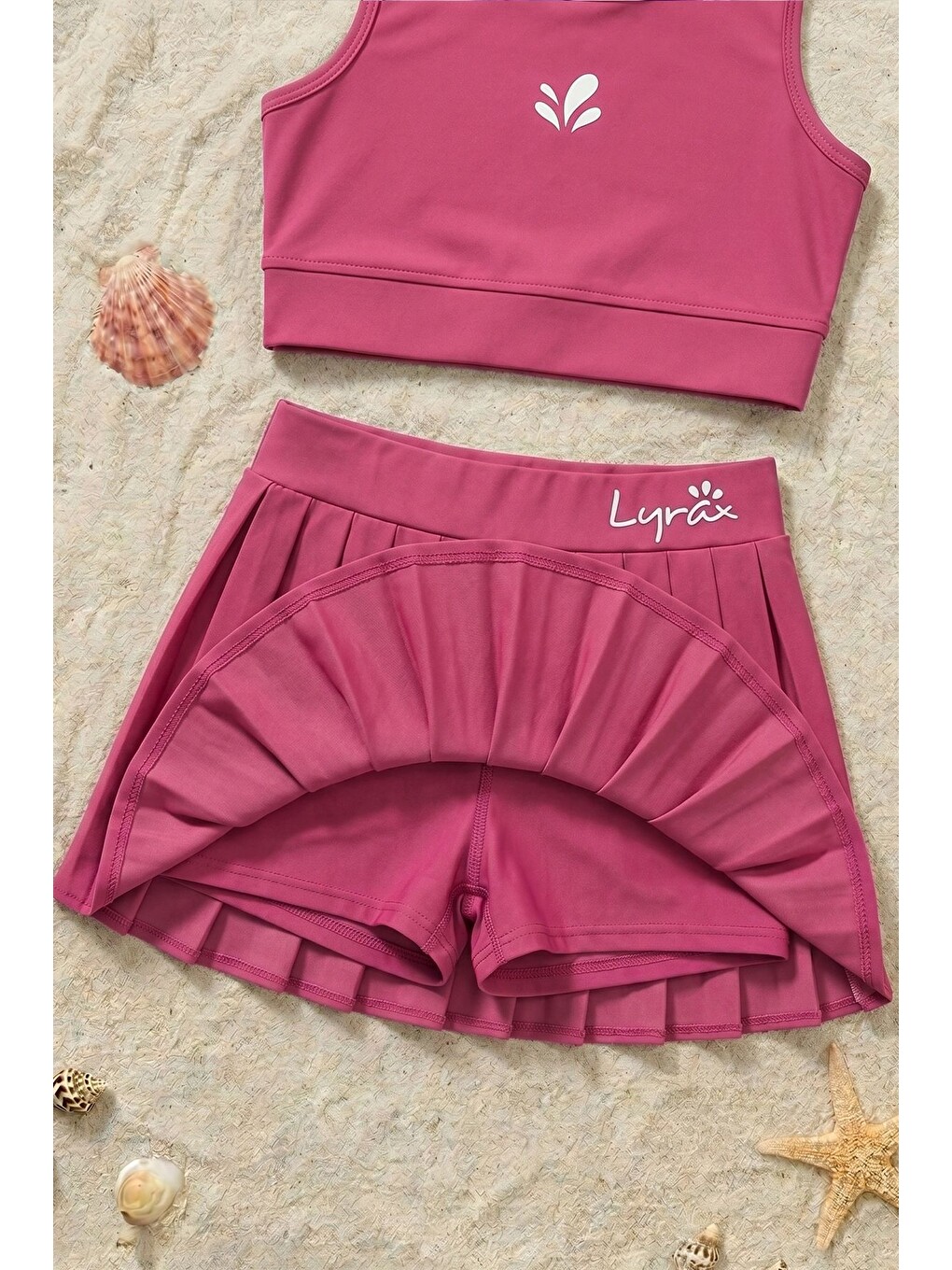Pembe Kız Çocuk Sportif Gül Kurusu Pileli Crop - Şort Etek Alt - Üst Takım-5