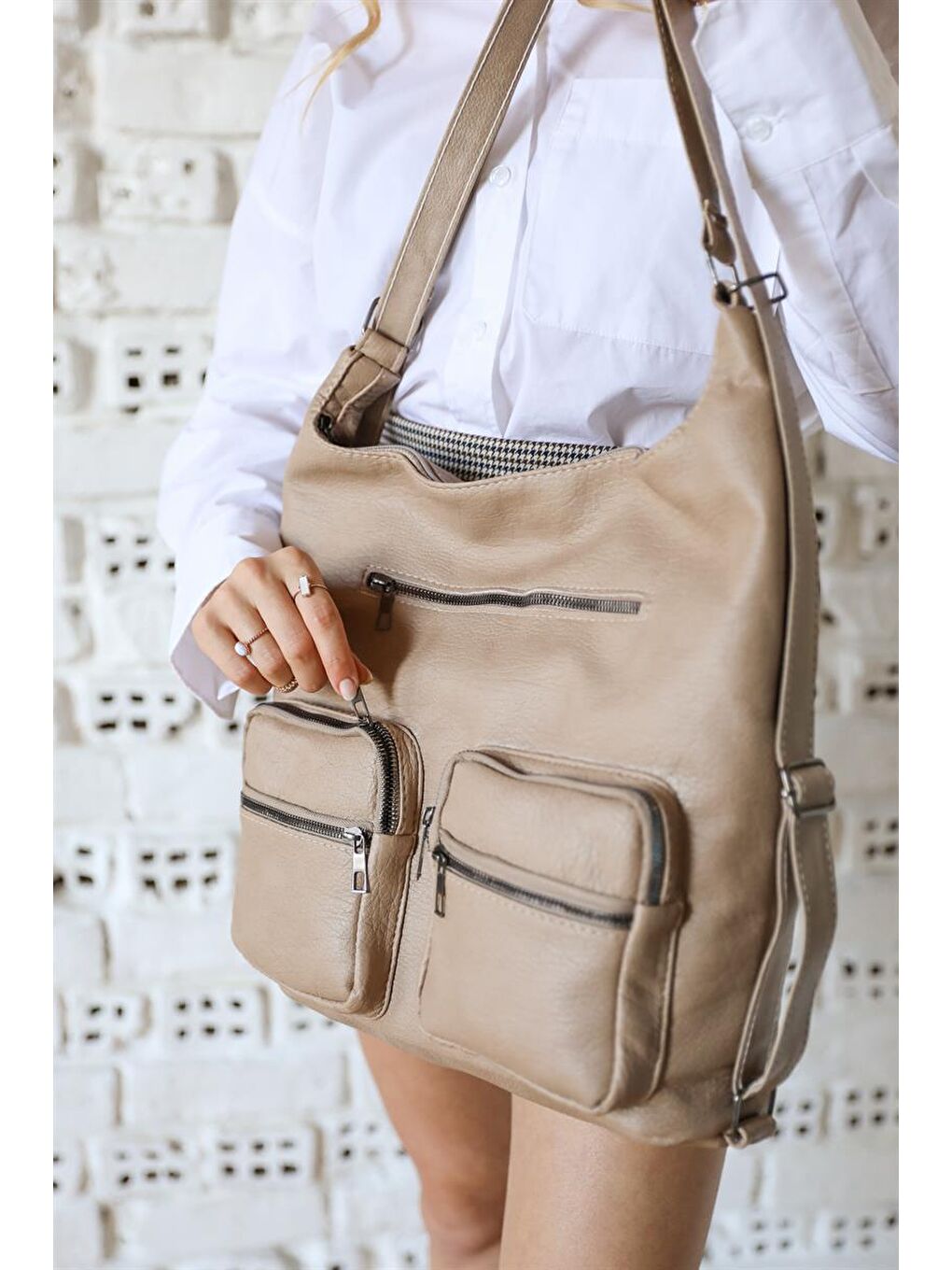 Bej Önü Cepli Çok Bölmeli Omuz Ve Sırt Çantası Vizon-3