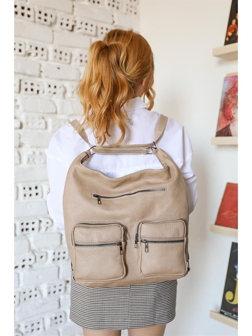 Bej Önü Cepli Çok Bölmeli Omuz Ve Sırt Çantası Vizon-2