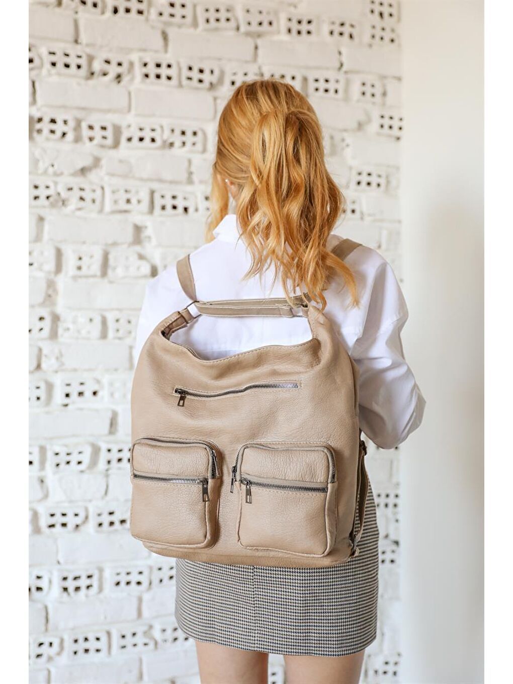 Bej Önü Cepli Çok Bölmeli Omuz Ve Sırt Çantası Vizon-1