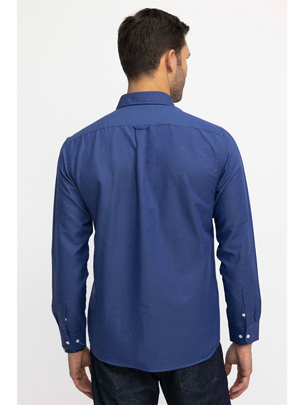 Erkek Regular Fit Klasik Kesim Oxford Doku Yaka Düğmeli Cepli Nakışlı İndigo Gömlek-3