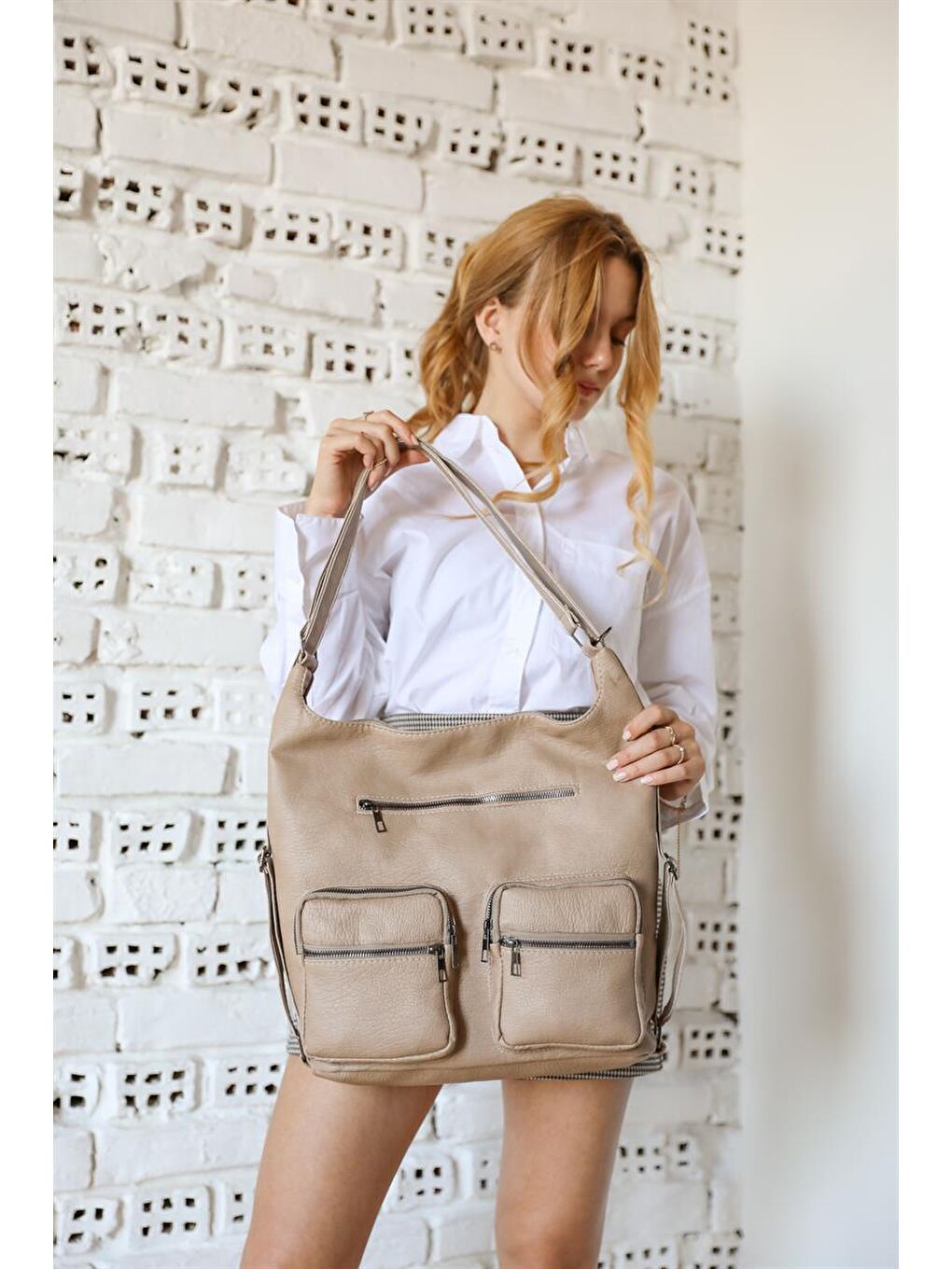 Bej Önü Cepli Çok Bölmeli Omuz Ve Sırt Çantası Vizon