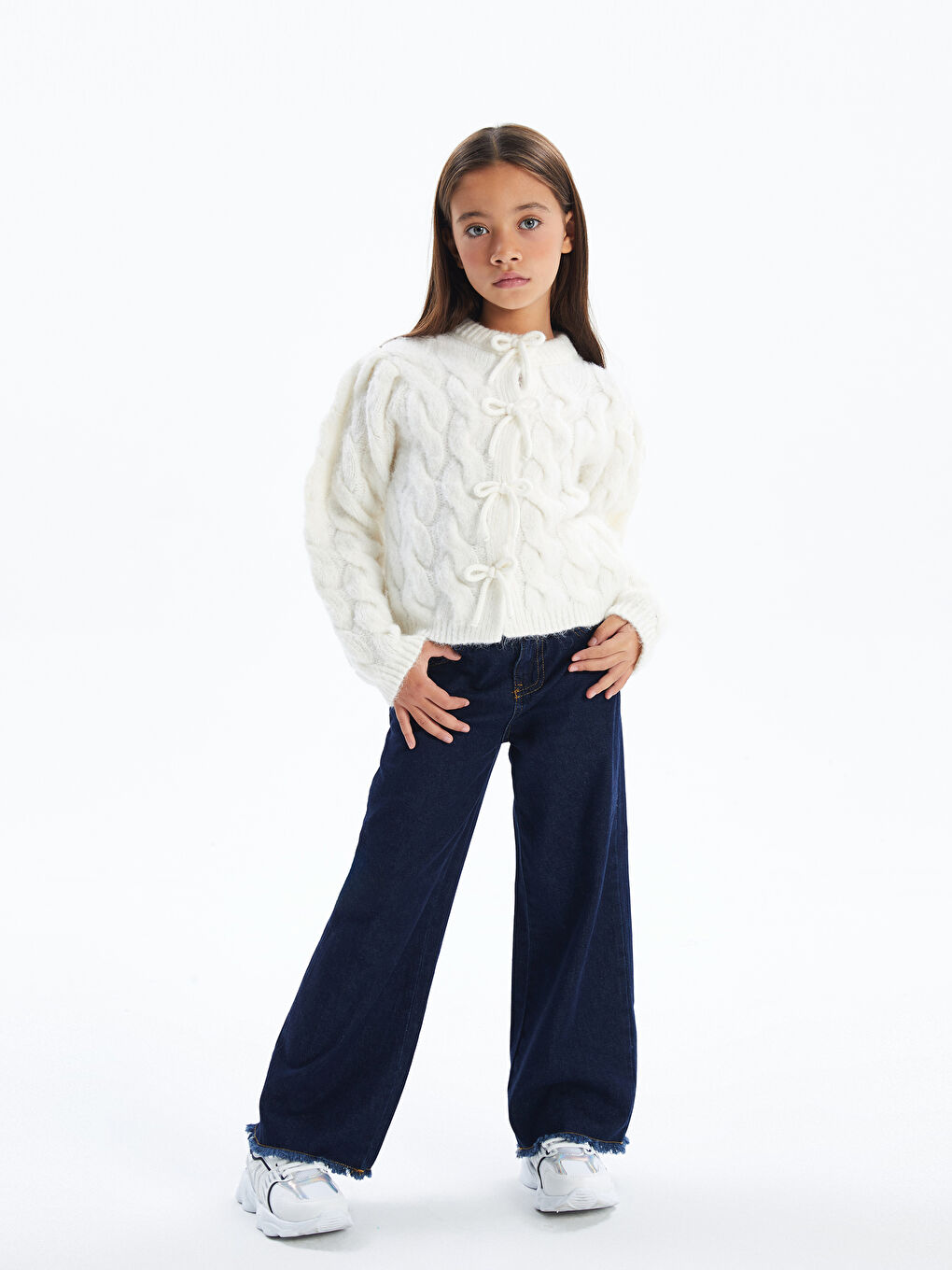 BOW3   Fiyonk Detaylı Bisiklet Yaka Triko Hırka   Ekru Renk