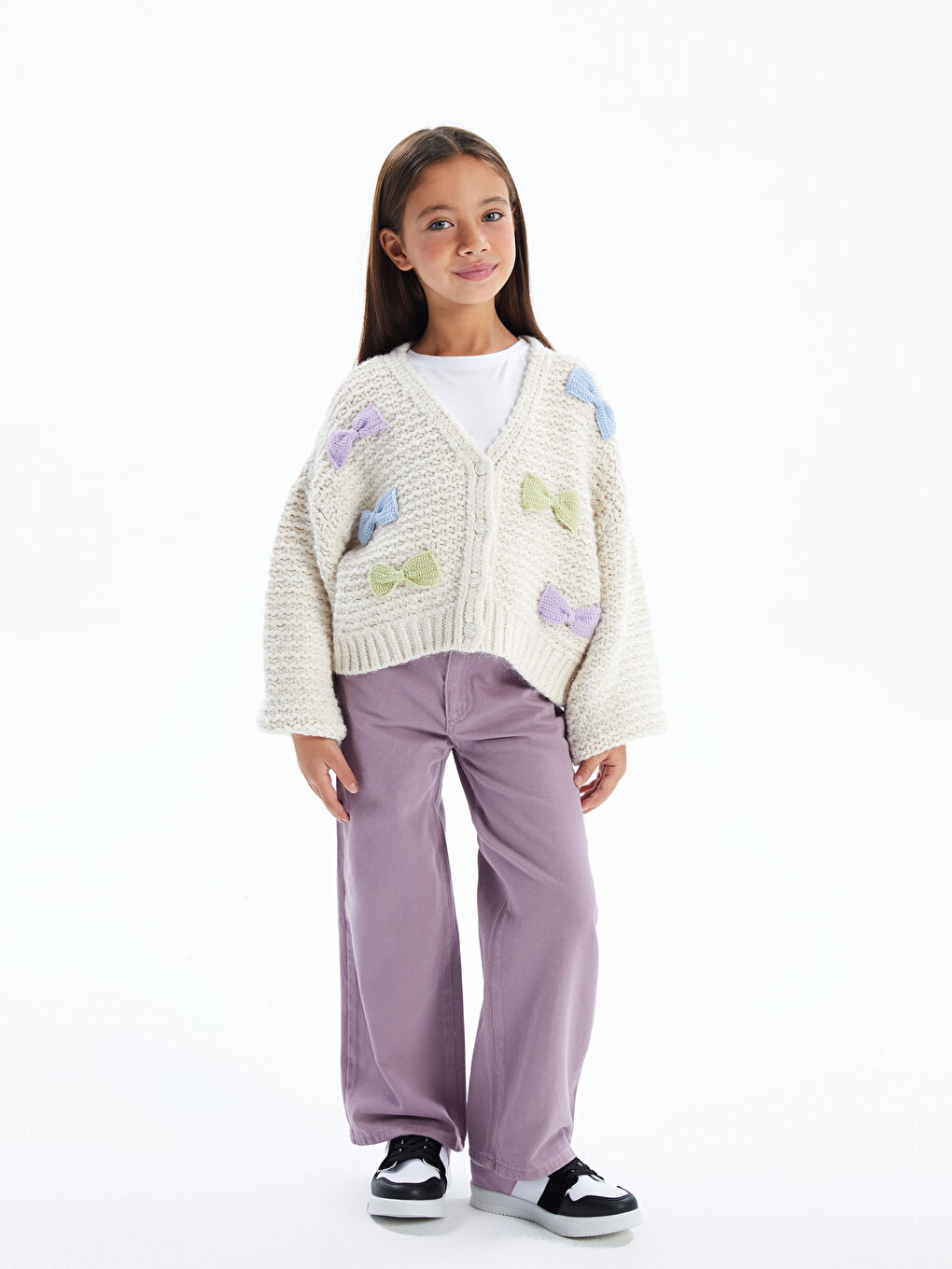 Bow   Balon Kol ve Fiyonk Detaylı Triko Hırka   Ekru Renk