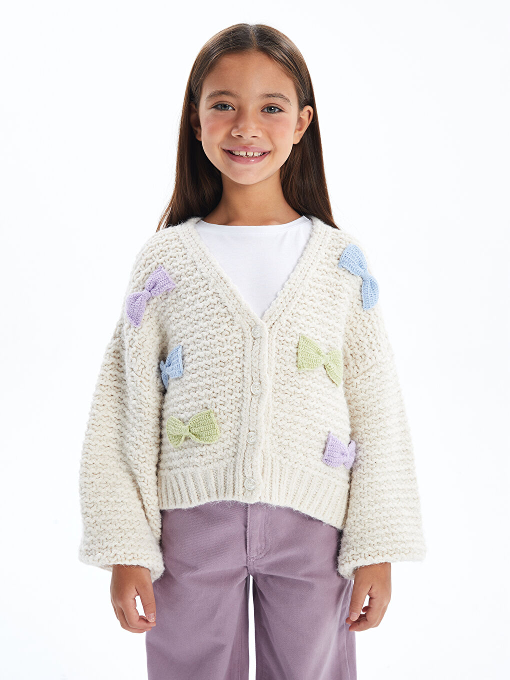 Bow   Balon Kol ve Fiyonk Detaylı Triko Hırka   Ekru Renk-1