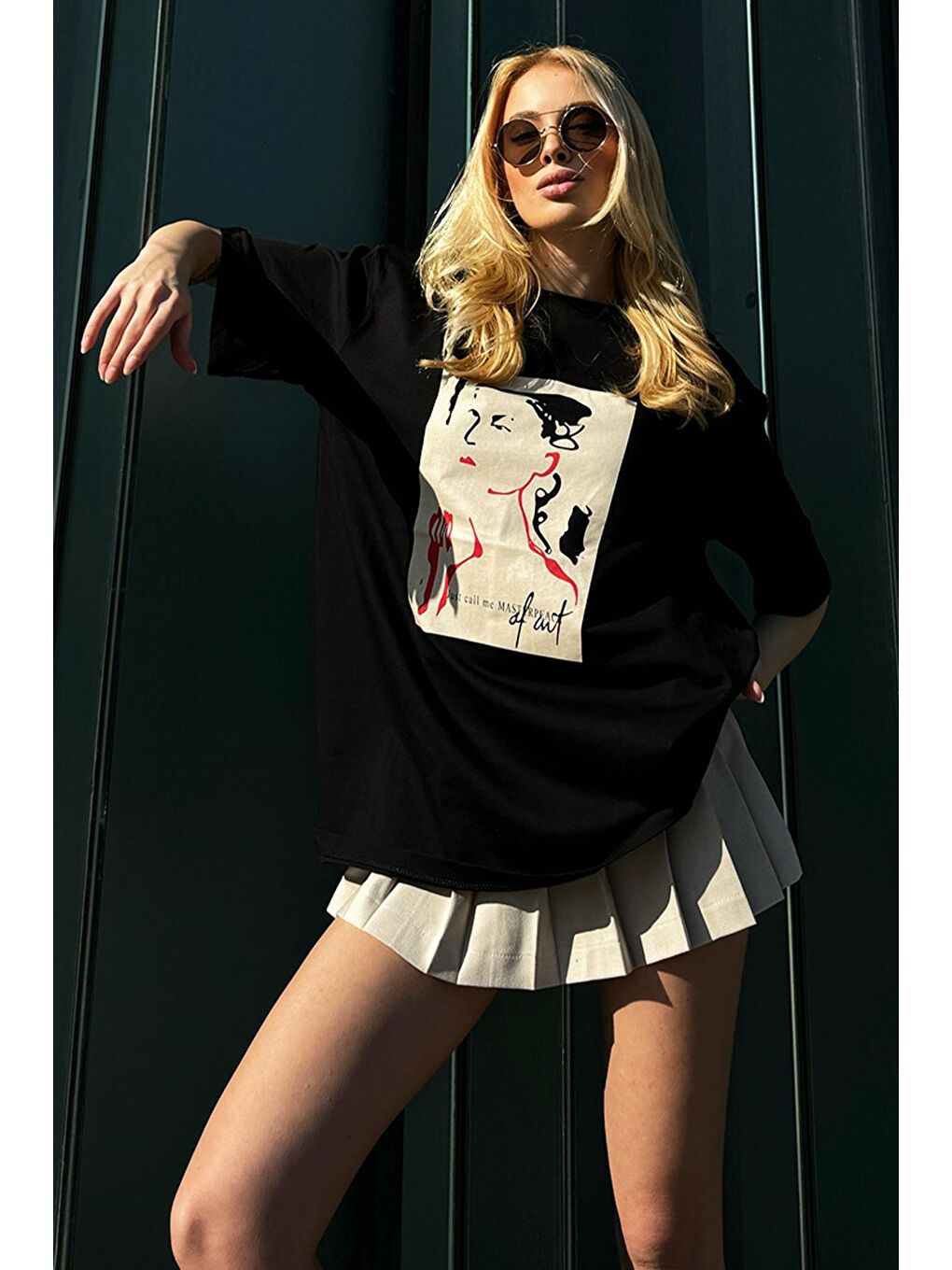 Siyah Bisiklet Yaka Dijital Baskı Oversize T-Shirt