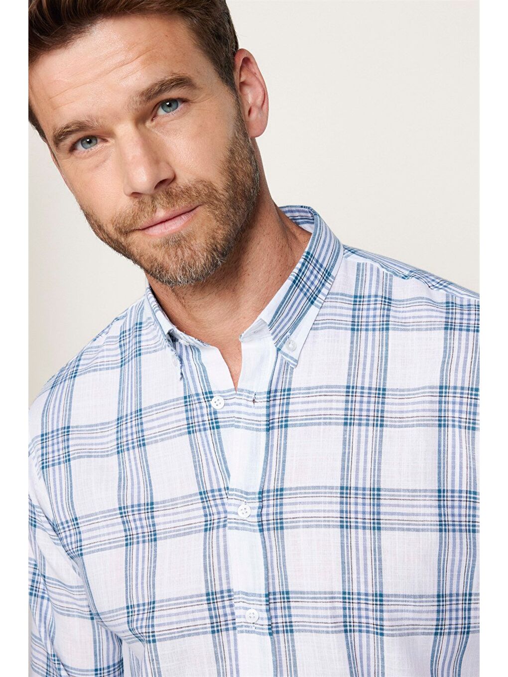 Erkek Regular Fit Klasik Kesim %100 Pamuk Keten Doku Ekoseli Düğmeli Yaka Beyaz Gömlek-2