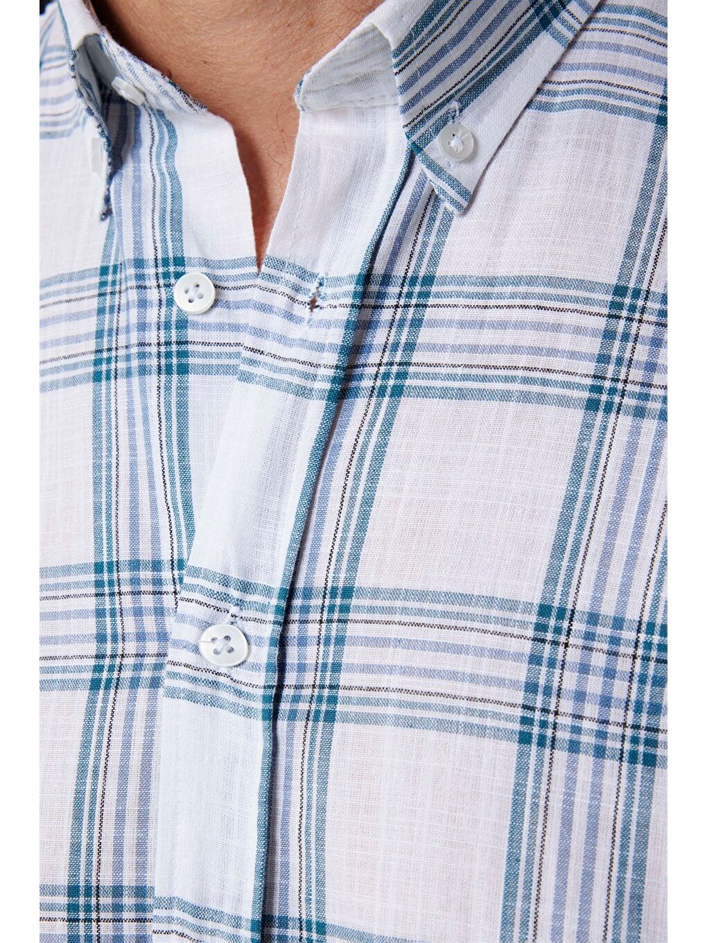 Erkek Regular Fit Klasik Kesim %100 Pamuk Keten Doku Ekoseli Düğmeli Yaka Beyaz Gömlek-3