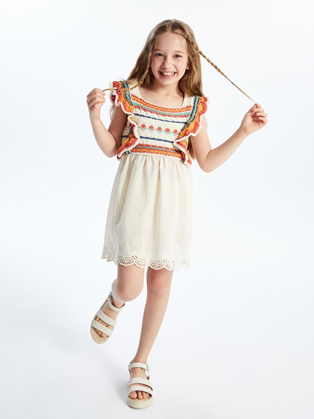 Giron - Örgü Detaylı ve Keten Astarlı Elbise - Ekru/Turuncu-1