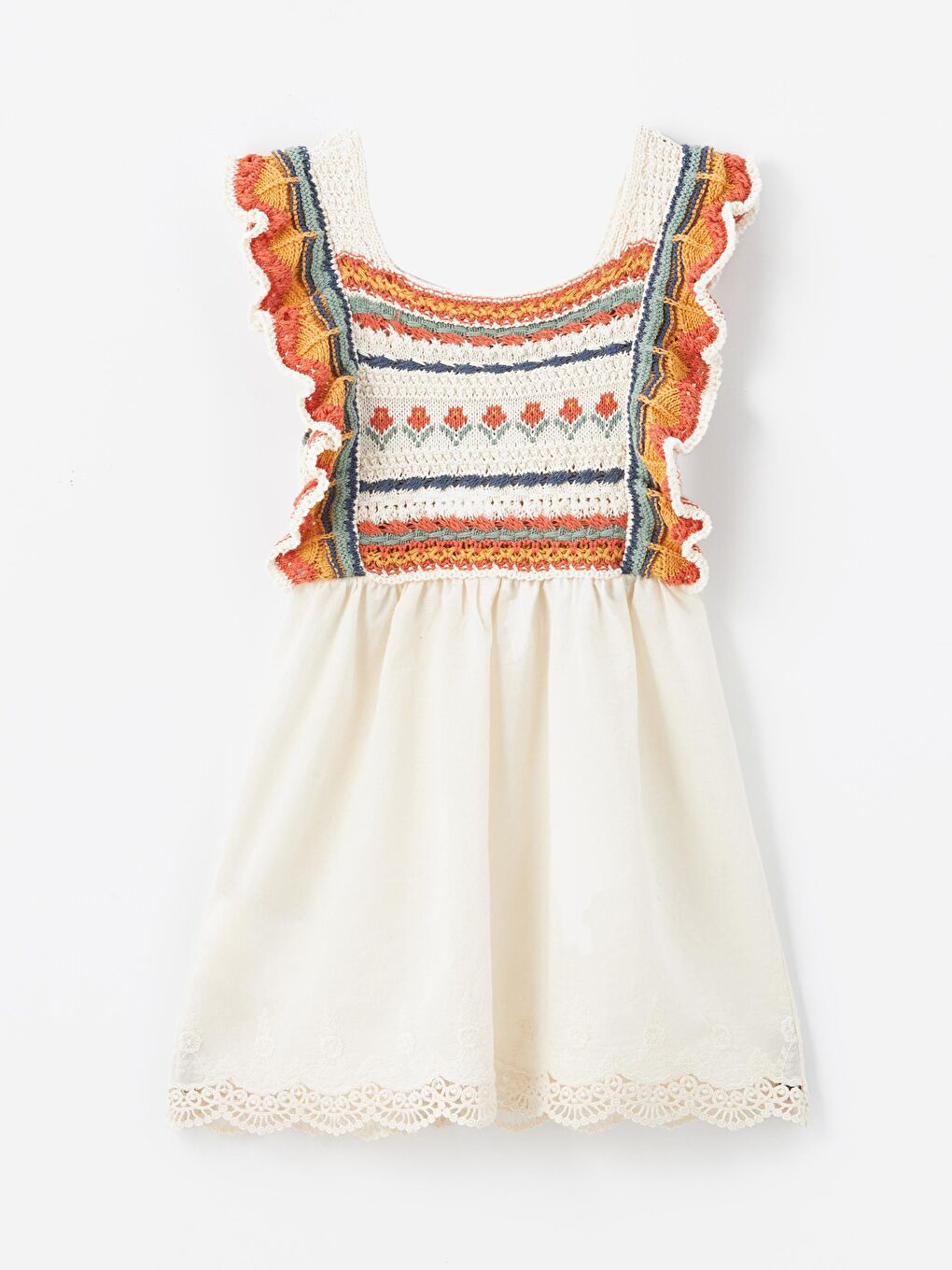 Giron - Örgü Detaylı ve Keten Astarlı Elbise - Ekru/Turuncu-3