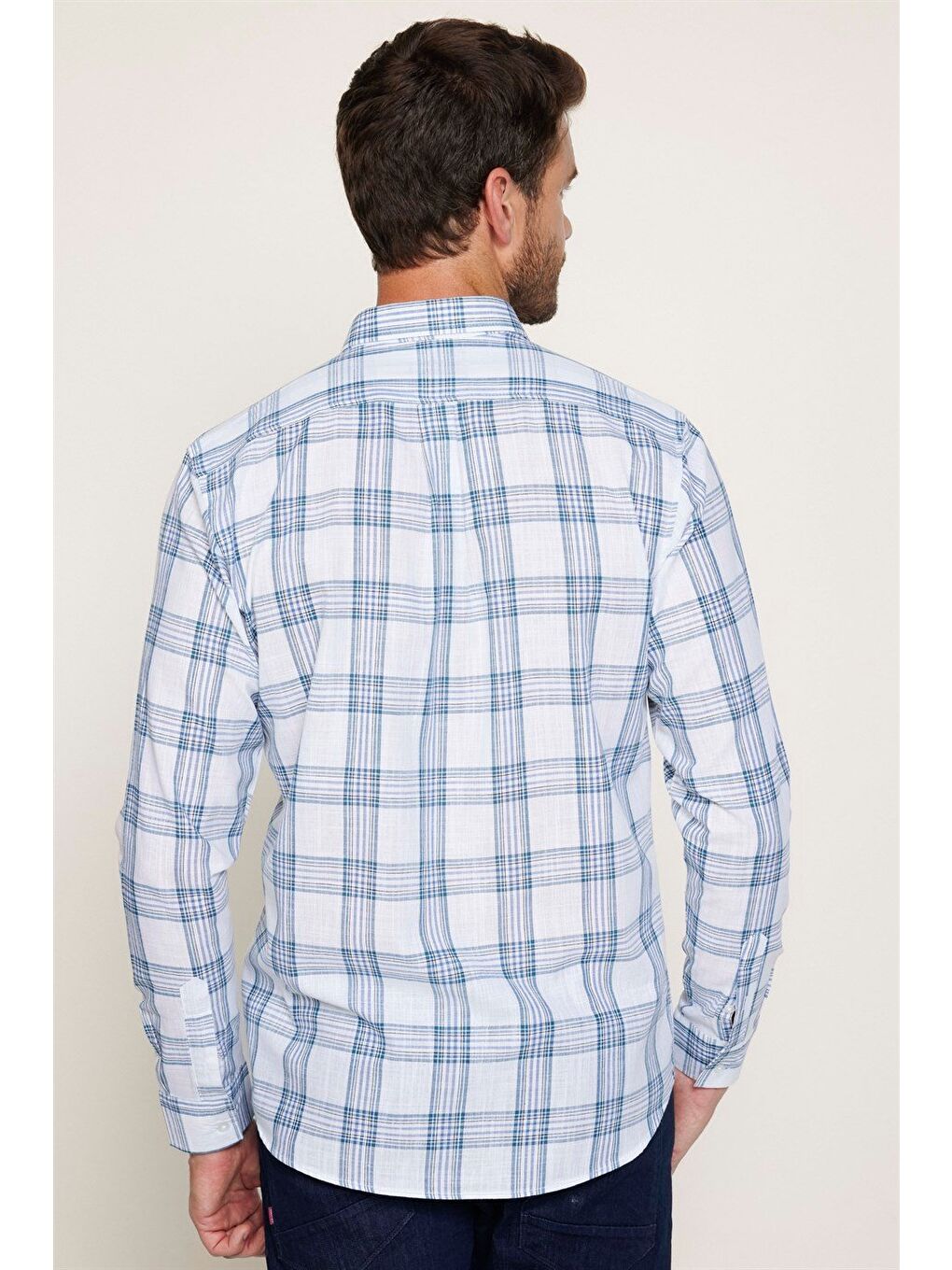 Erkek Regular Fit Klasik Kesim %100 Pamuk Keten Doku Ekoseli Düğmeli Yaka Beyaz Gömlek-4