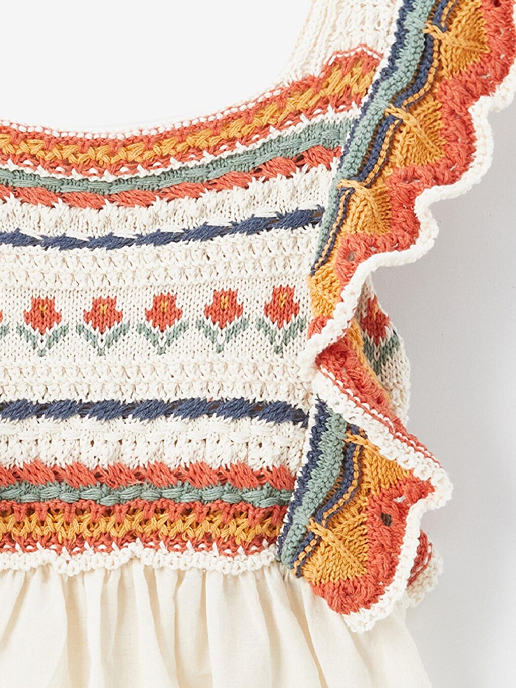 Giron - Örgü Detaylı ve Keten Astarlı Elbise - Ekru/Turuncu-4