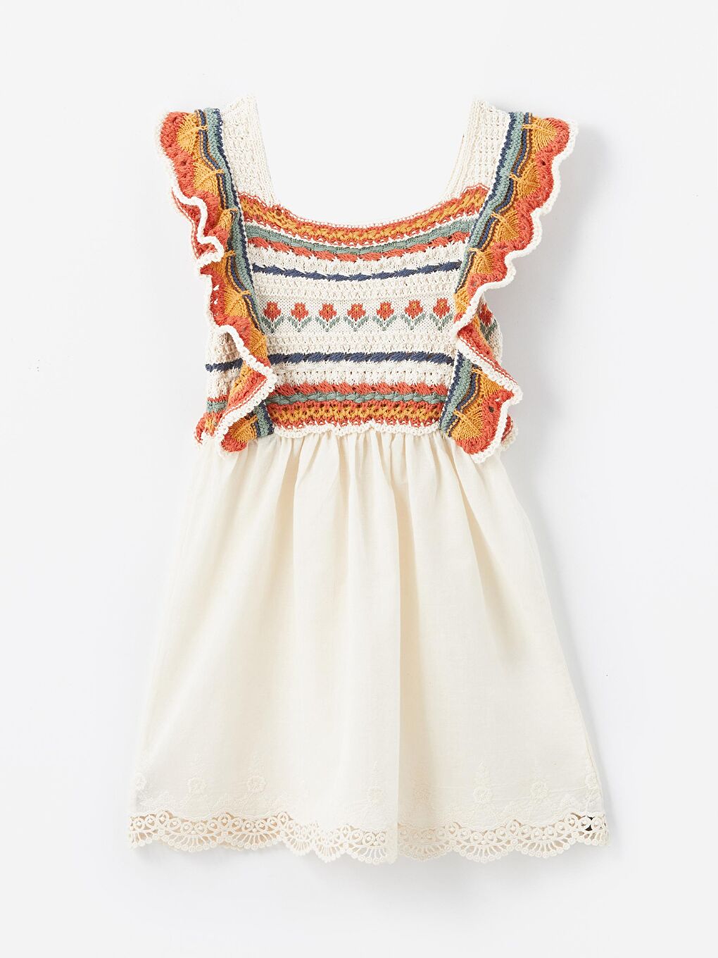 Giron - Örgü Detaylı ve Keten Astarlı Elbise - Ekru/Turuncu-5