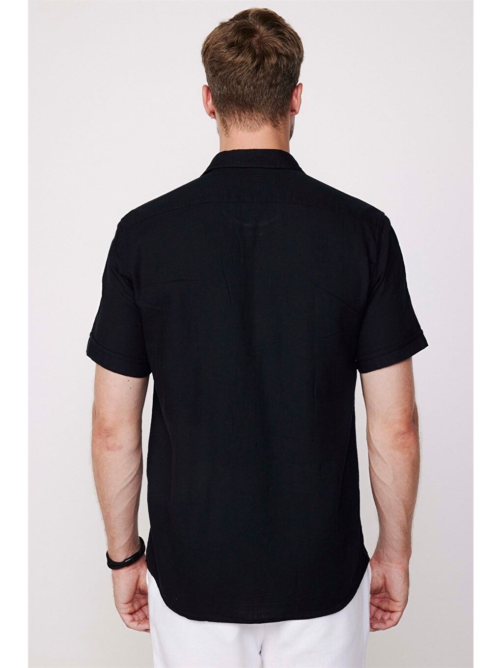 Erkek Regular Fit Klasik Kesim %100 Pamuk Keten Doku Cepli Siyah Gömlek-4
