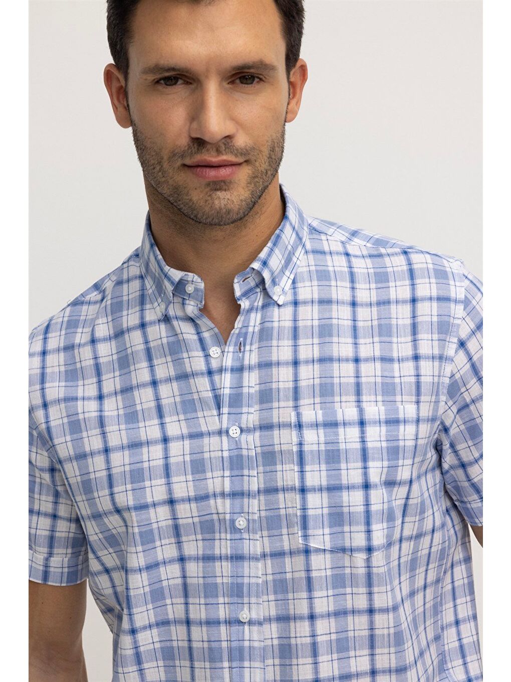 Erkek Regular Fit Klasik Kesim %100 Pamuk Keten Doku Kareli Düğmeli Yaka Mavi Gömlek