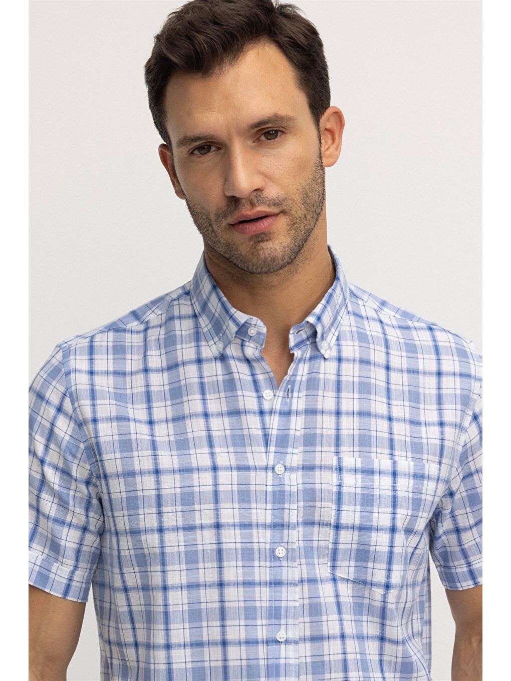 Erkek Regular Fit Klasik Kesim %100 Pamuk Keten Doku Kareli Düğmeli Yaka Mavi Gömlek-1