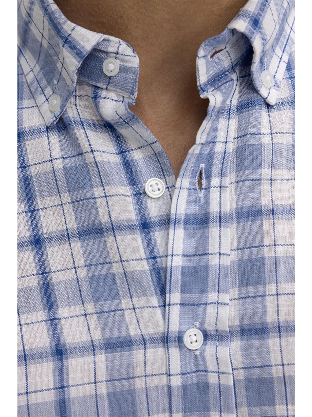 Erkek Regular Fit Klasik Kesim %100 Pamuk Keten Doku Kareli Düğmeli Yaka Mavi Gömlek-2