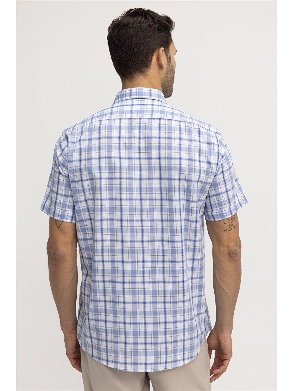 Erkek Regular Fit Klasik Kesim %100 Pamuk Keten Doku Kareli Düğmeli Yaka Mavi Gömlek-3