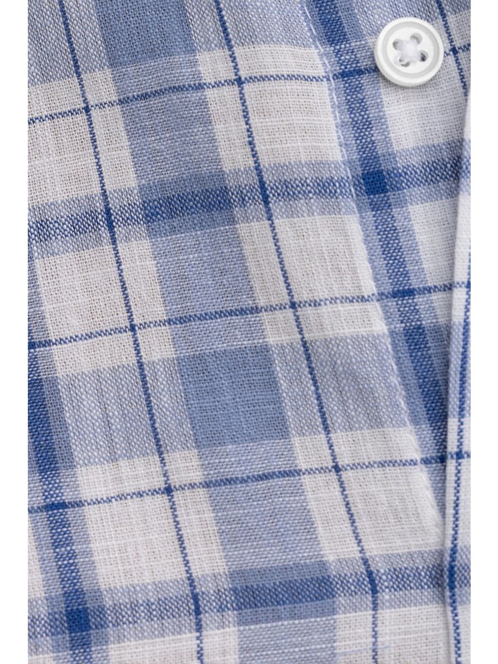 Erkek Regular Fit Klasik Kesim %100 Pamuk Keten Doku Kareli Düğmeli Yaka Mavi Gömlek-4