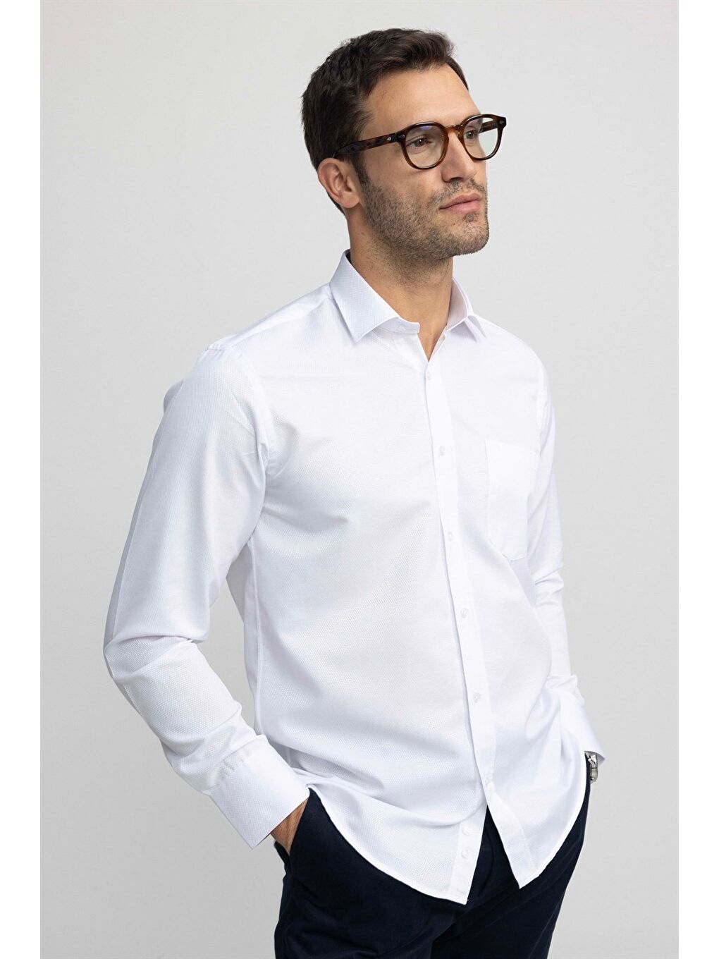 Erkek Regular Fit Klasik Kesim Kravatlık Armürlü Beyaz Gömlek-1