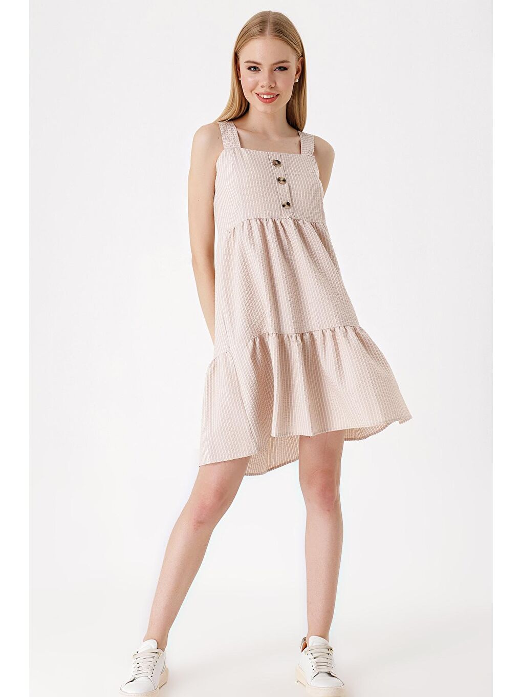 2385 Kare Yaka Yazlık Elbise - Bej