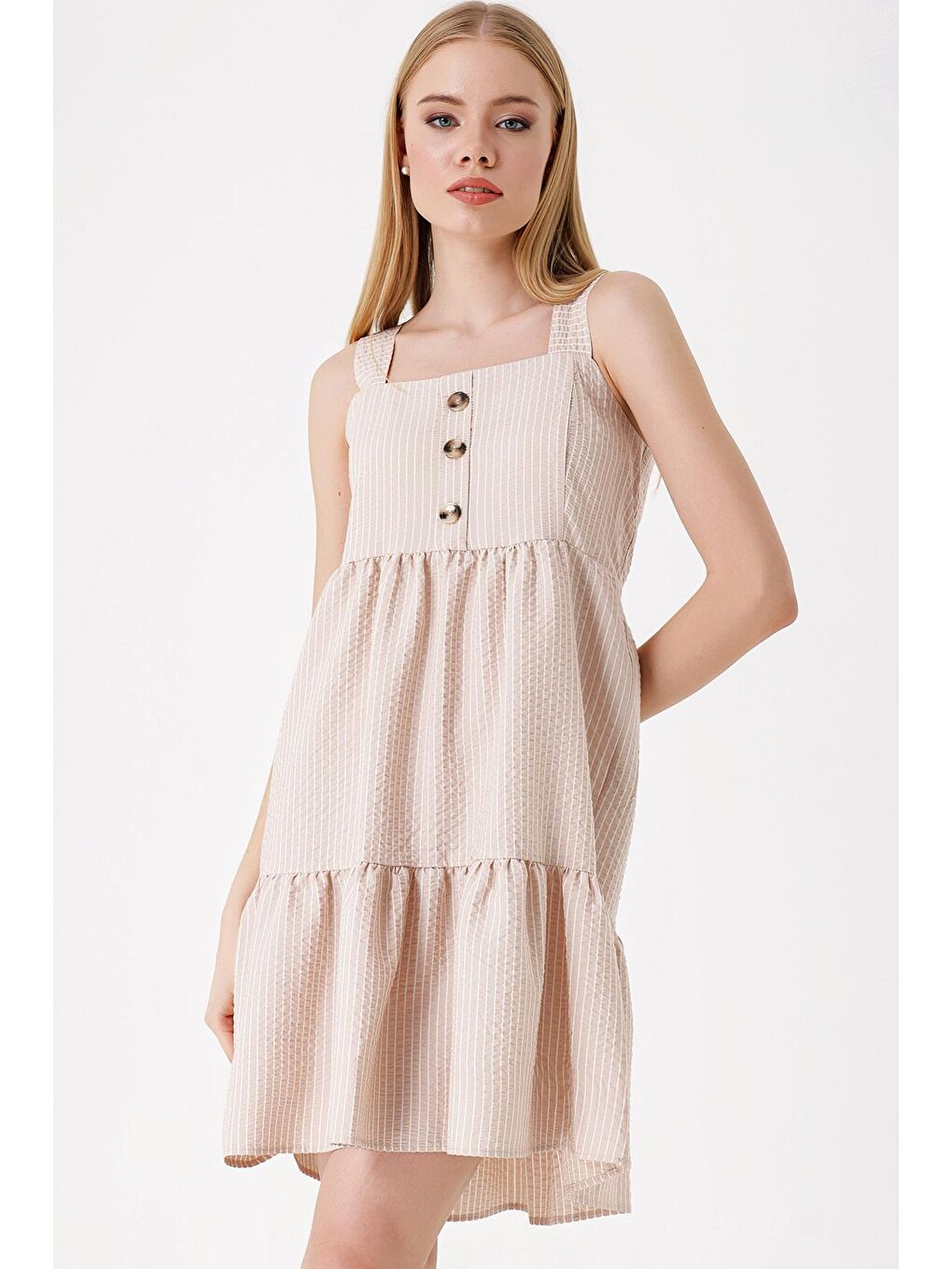 2385 Kare Yaka Yazlık Elbise - Bej-1