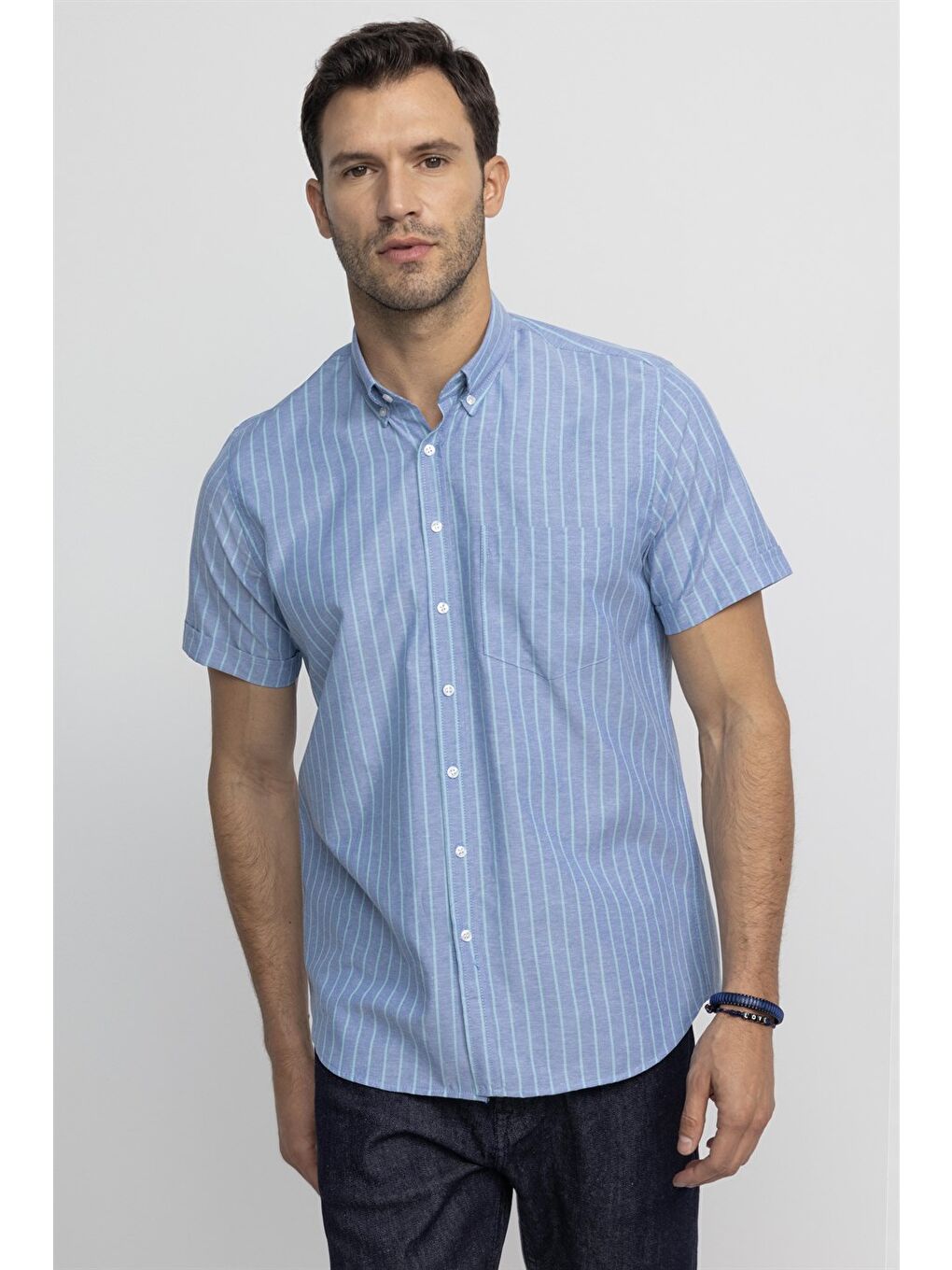Mavi Erkek Regular Fit Klasik Kesim Düğmeli Yaka Çizgili Pamuklu Gömlek-1