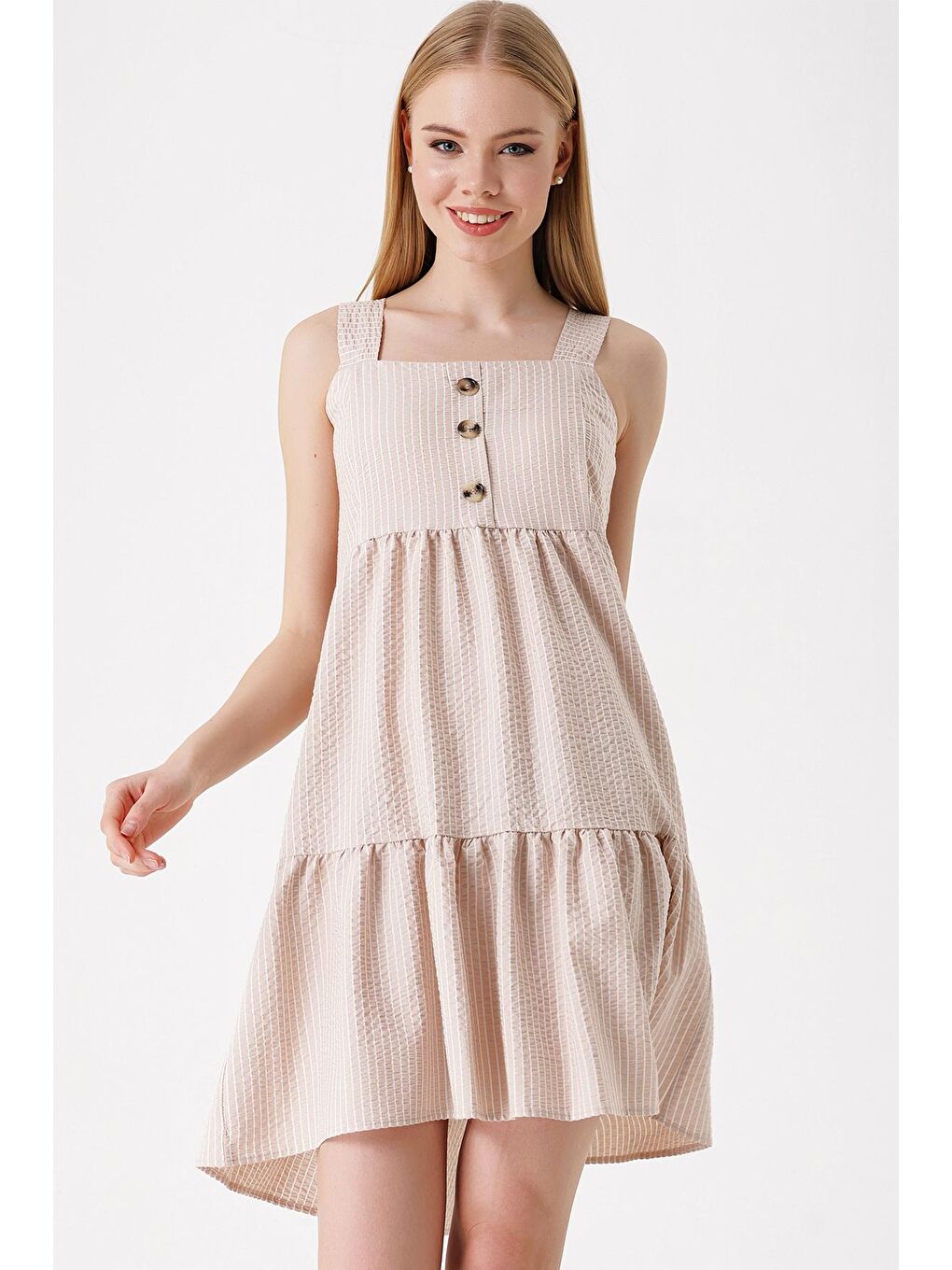 2385 Kare Yaka Yazlık Elbise - Bej-3