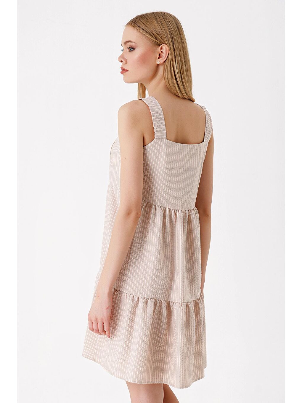 2385 Kare Yaka Yazlık Elbise - Bej-4