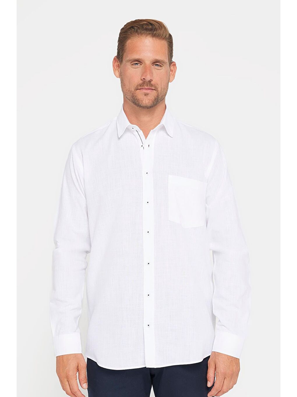 Erkek Regular Fit Klasik Kesim %100 Pamuk Keten Doku Beyaz Gömlek-1