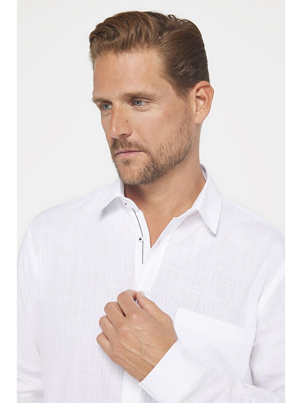 Erkek Regular Fit Klasik Kesim %100 Pamuk Keten Doku Beyaz Gömlek-2