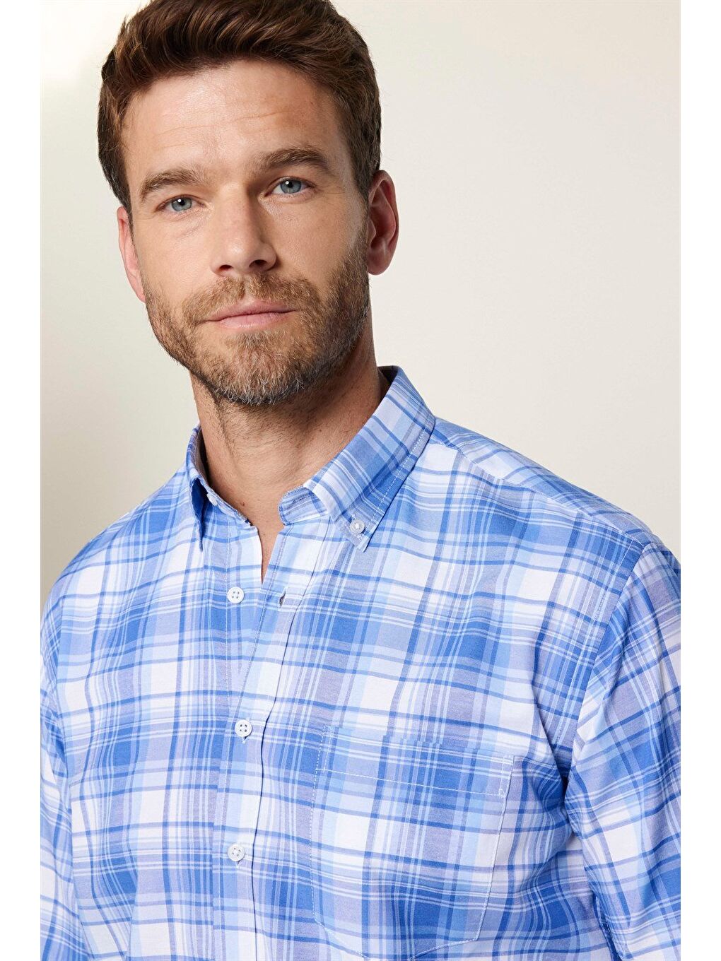 Erkek Regular Fit Klasik Kesim Düğmeli Yaka Küçük Kareli Pamuklu Mavi Gömlek