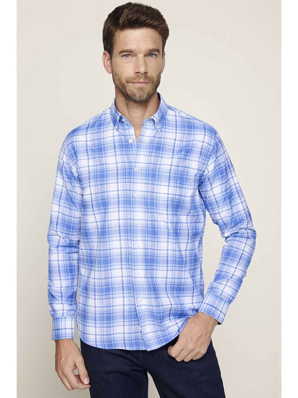 Erkek Regular Fit Klasik Kesim Düğmeli Yaka Küçük Kareli Pamuklu Mavi Gömlek-1
