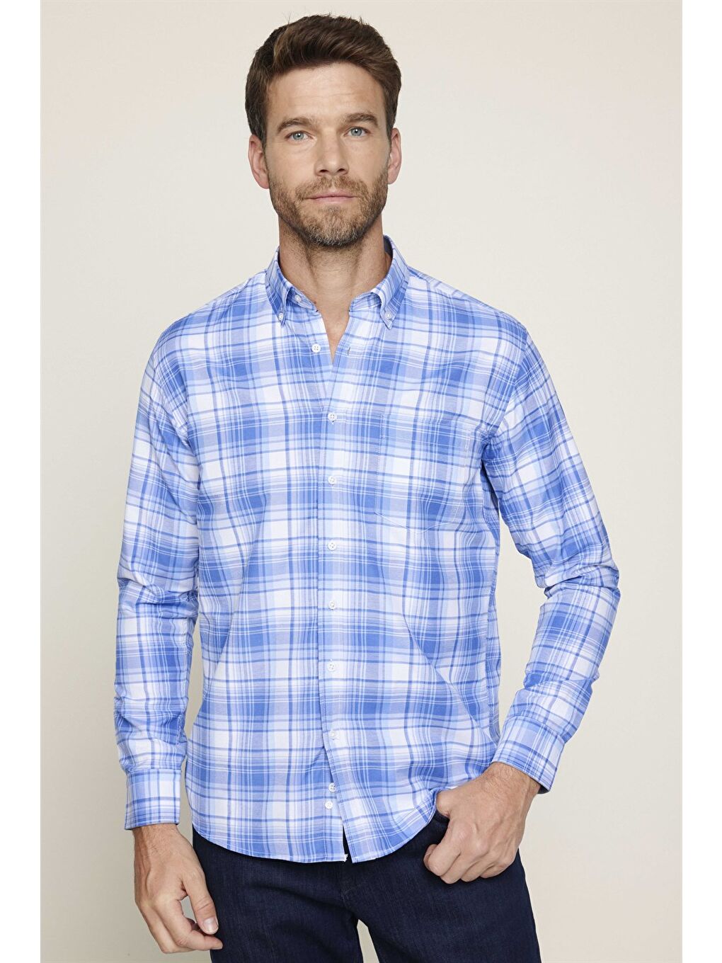 Erkek Regular Fit Klasik Kesim Düğmeli Yaka Küçük Kareli Pamuklu Mavi Gömlek-2