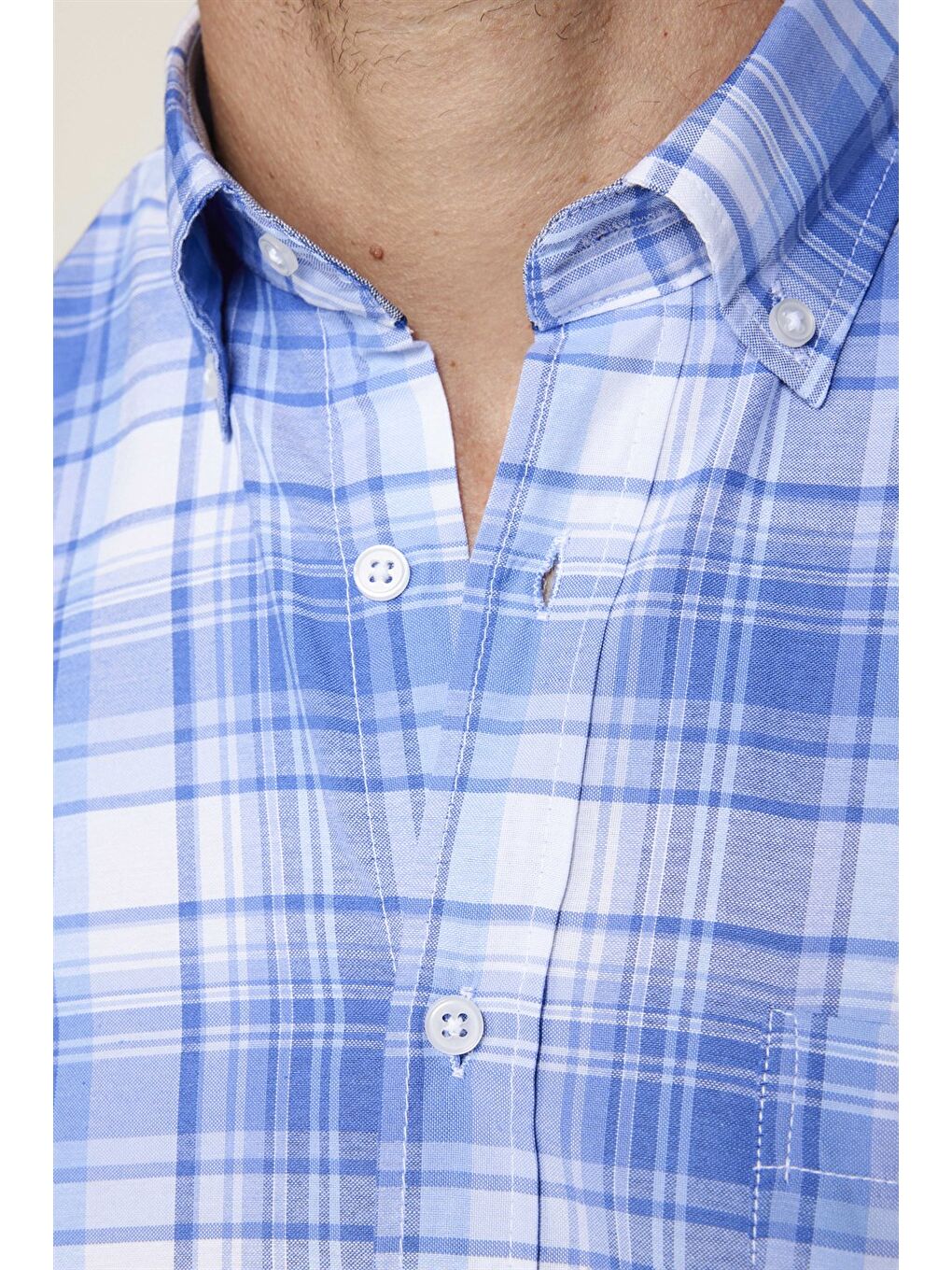 Erkek Regular Fit Klasik Kesim Düğmeli Yaka Küçük Kareli Pamuklu Mavi Gömlek-3