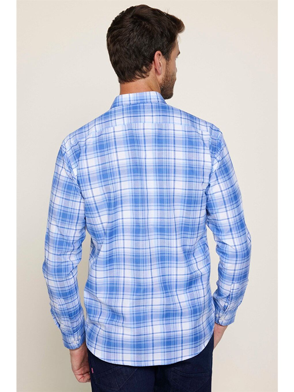 Erkek Regular Fit Klasik Kesim Düğmeli Yaka Küçük Kareli Pamuklu Mavi Gömlek-4
