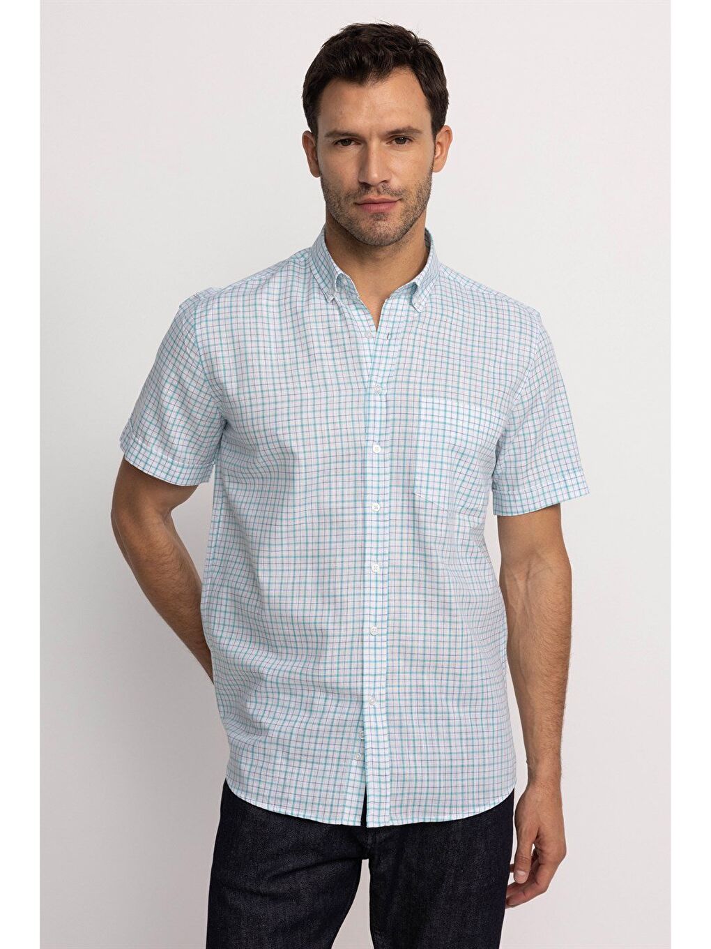 Erkek Regular Fit Klasik Kesim %100 Pamuk Keten Doku Kareli Düğmeli Yaka Beyaz Gömlek