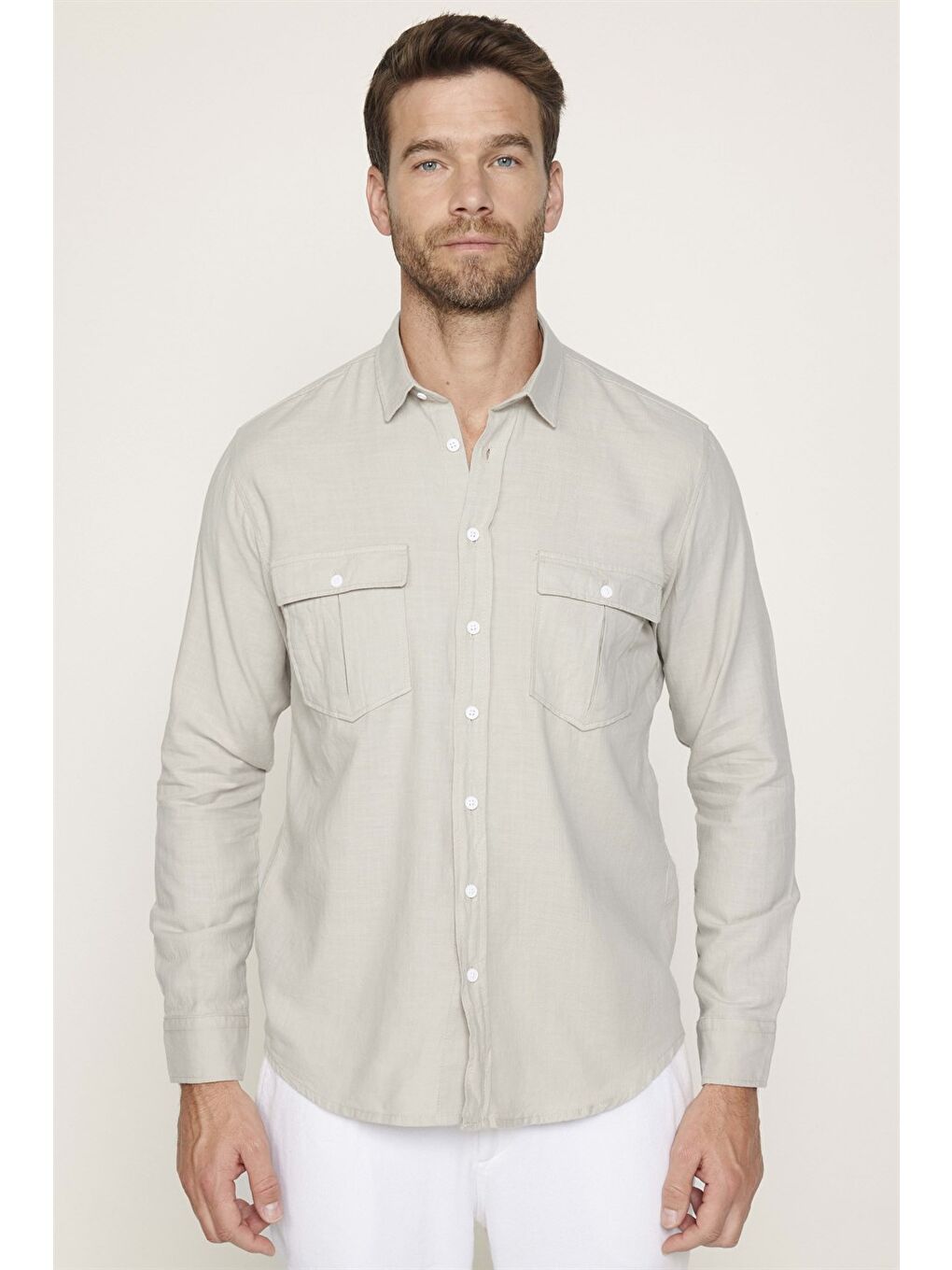 Bej Erkek Regular Fit Klasik Kesim %100 Pamuk Keten Doku Çift Cep Taş Renk Gömlek-1