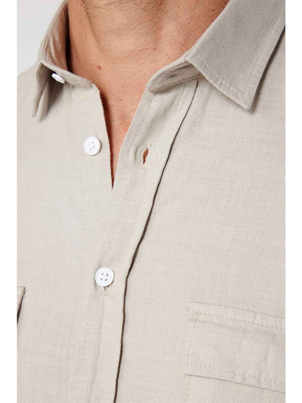 Bej Erkek Regular Fit Klasik Kesim %100 Pamuk Keten Doku Çift Cep Taş Renk Gömlek-3