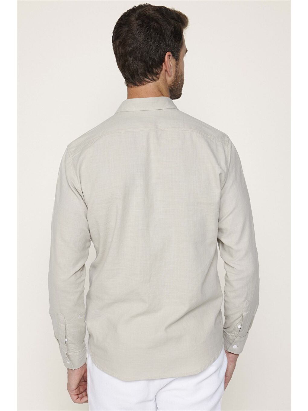 Bej Erkek Regular Fit Klasik Kesim %100 Pamuk Keten Doku Çift Cep Taş Renk Gömlek-4