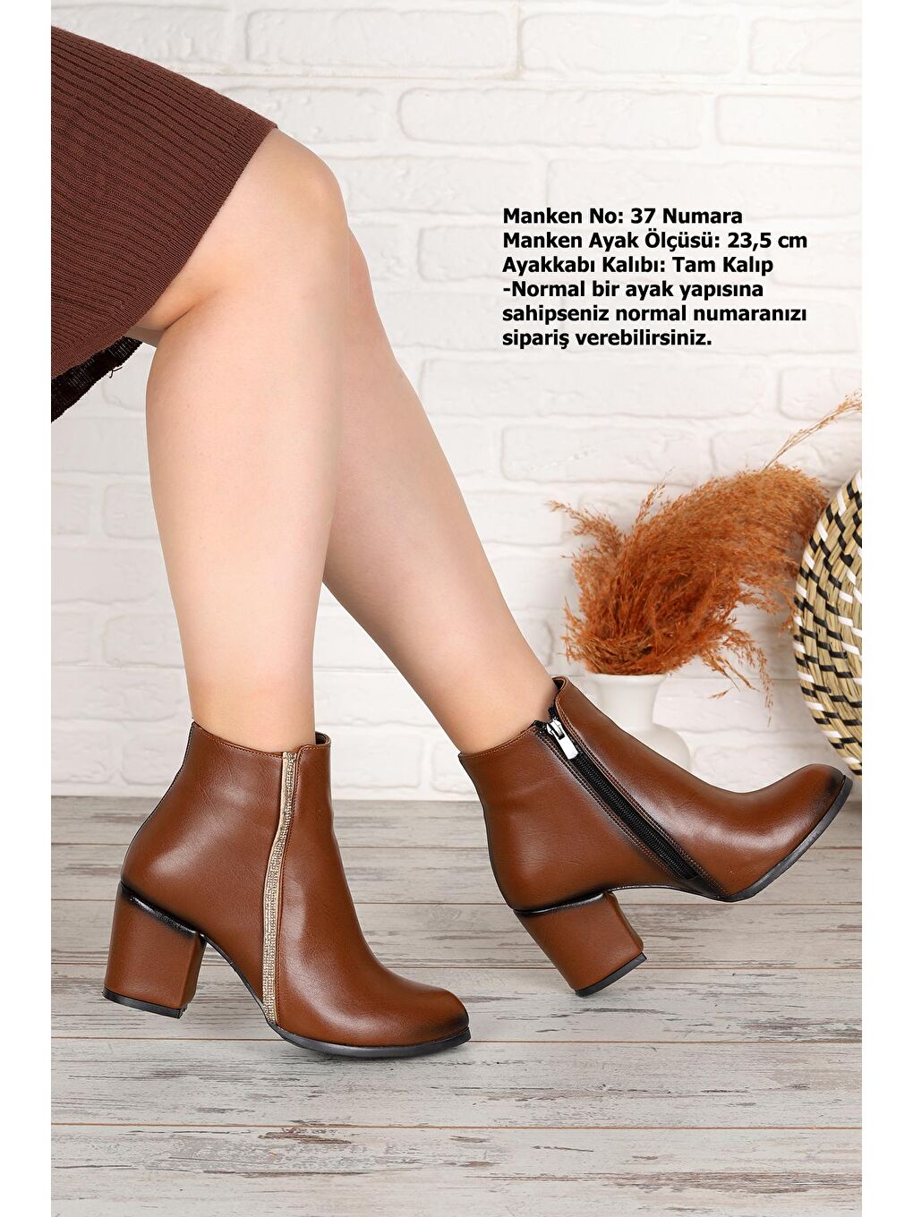 Kahverengi 515 Cilt Fermuarlı 6 Cm Topuklu Taşlı Kadın Bot Ayakkabı-2