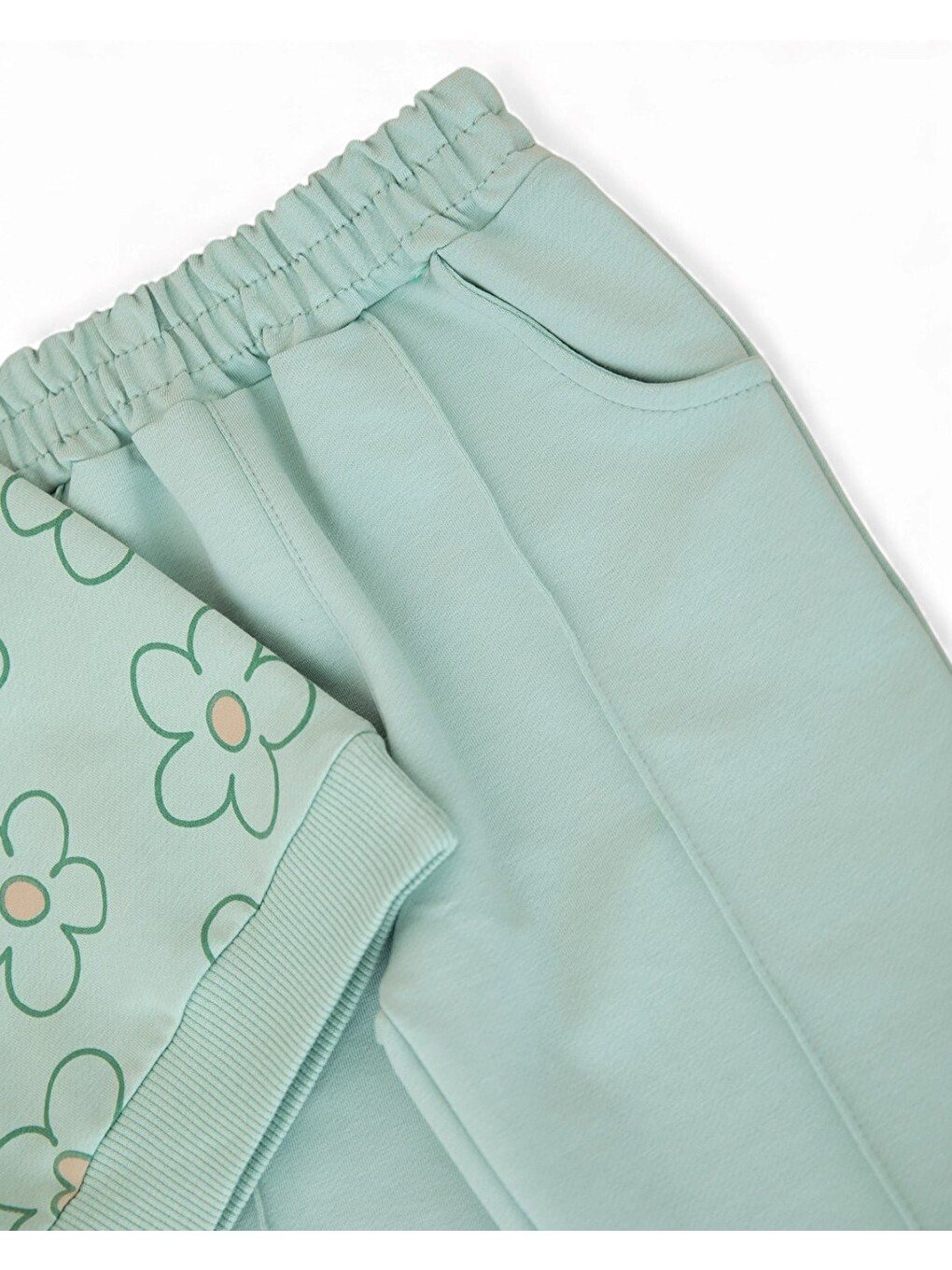 Yeşil Kız Çocuk Mevsimlik Çiçek Baskılı, Çimalı Pantalonlu Takım-5