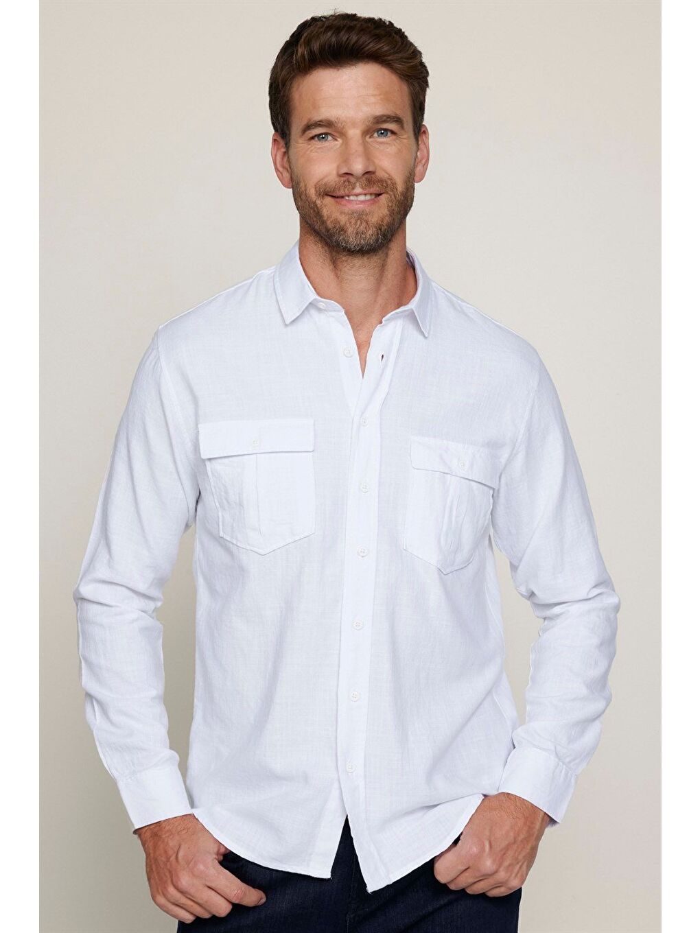 Erkek Regular Fit Klasik Kesim %100 Pamuk Keten Doku Çift Cep Beyaz Gömlek-1