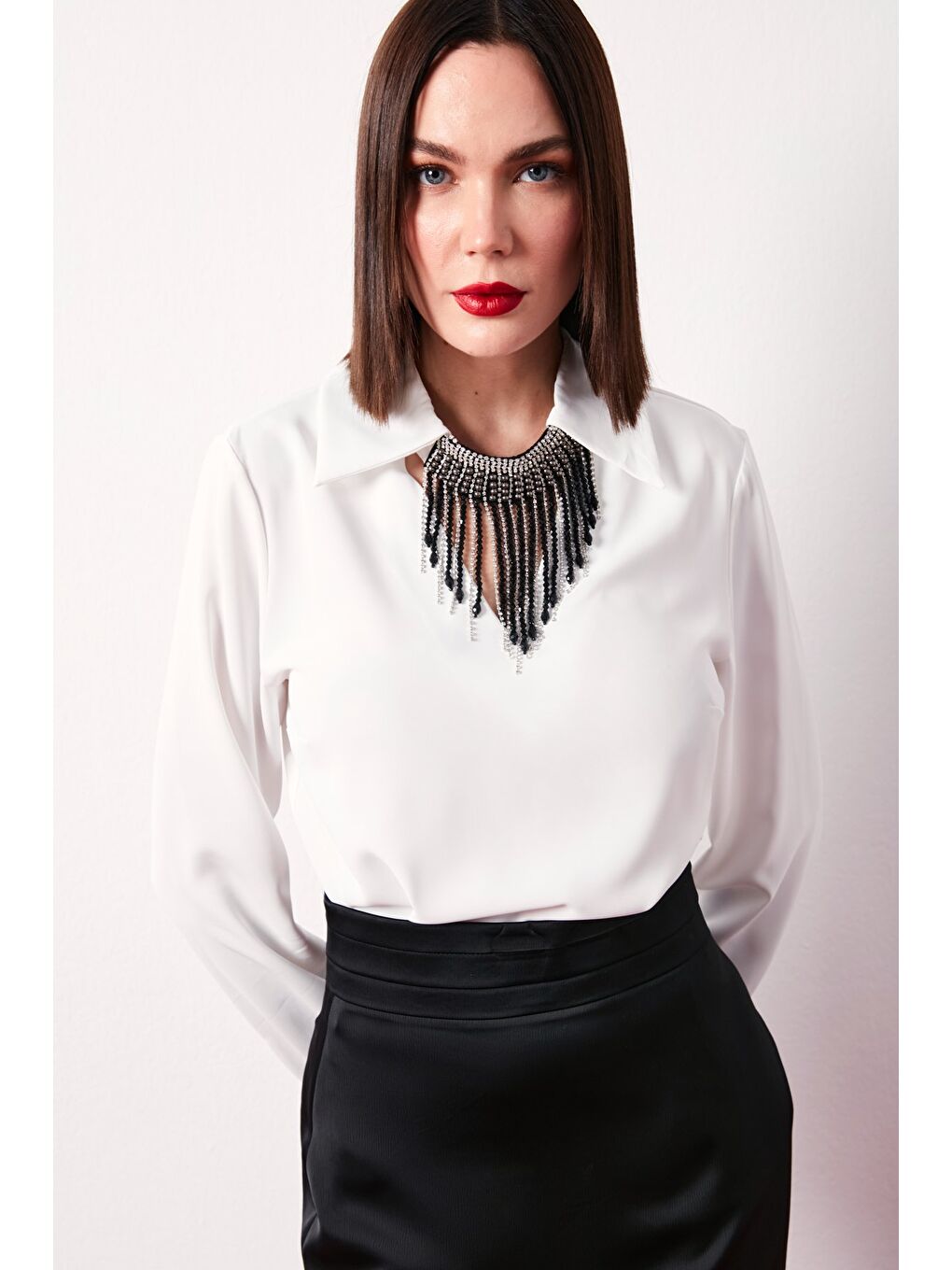 Kolyeli Salaş Bluz - Ekru-1